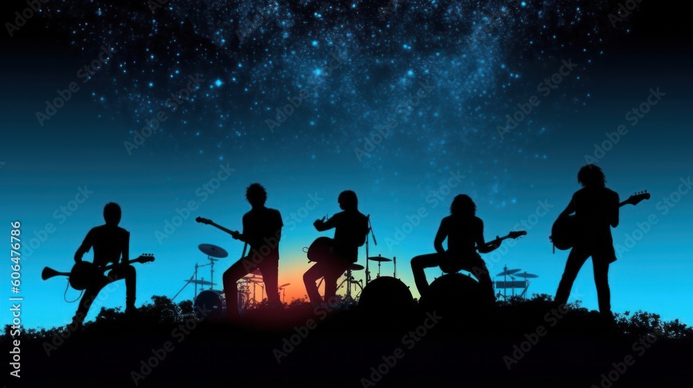 Fototapeta premium Silhouette of rock band playing, music under the night starry night