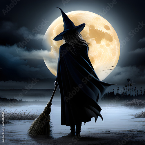 wicked witch flying on a broomstick across a full moon