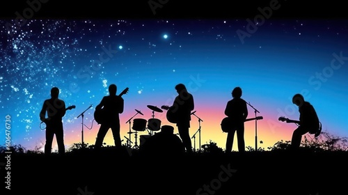 Silhouette of rock band playing  music under the night starry night