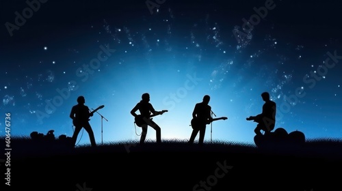 Silhouette of rock band playing  music under the night starry night