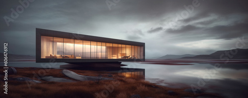 Generative AI illustration of exterior of illuminated modern futuristic cubical building with glassy facade located on shore of lake with cloudy sky