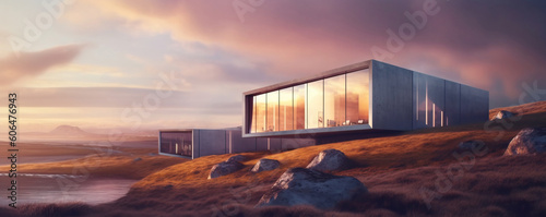 Generative AI illustration of exterior of modern futuristic cubicle building located on shore of sea against cloudy sundown sky in evening photo