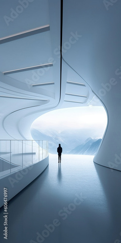 Generative AI illustration of back view of unrecognizable person standing on passage of modern building with curved cave like white walls on sunny day photo