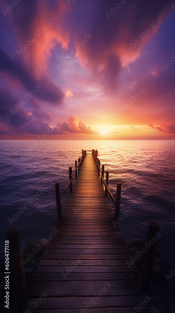 Obraz premium Phone wallpaper of a serene coastal scene at sunset. Generative AI