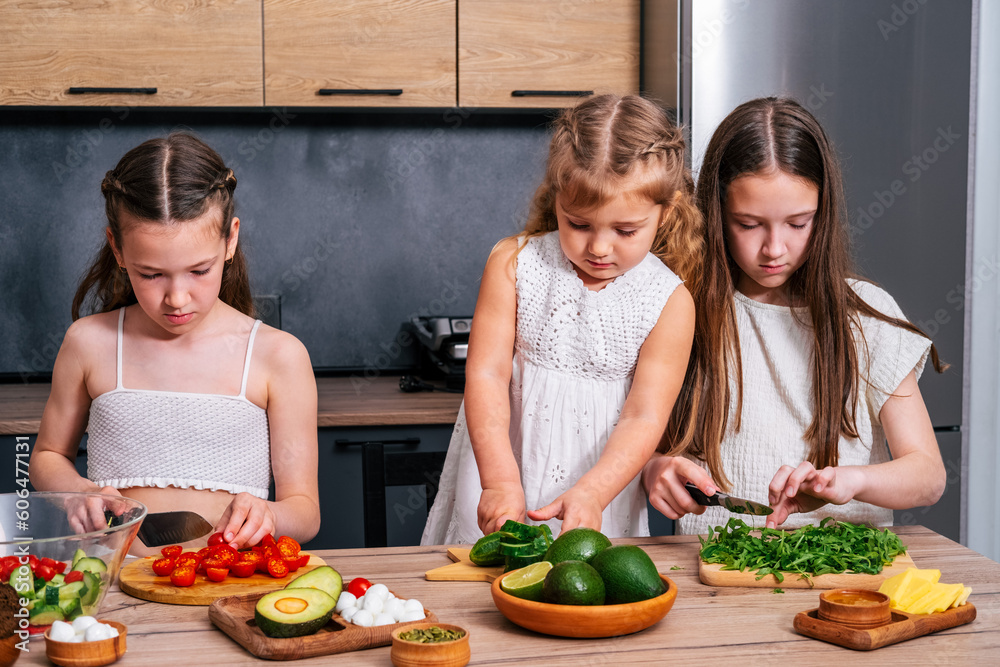 Three cute little sisters preparing vegetarian salad at the kitchen. Three cute little sisters preparing vegetarian salad at the kitchen.
