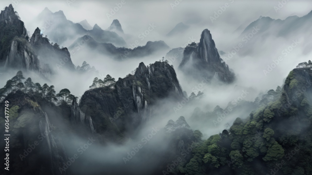 Mountains in the fog. AI generative.