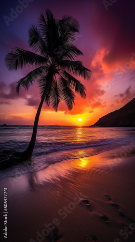 Phone wallpaper sunset over a tropical beach. Generative AI