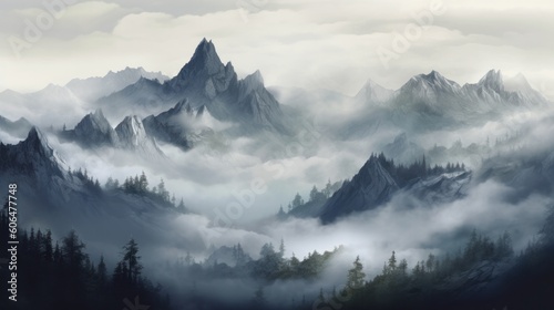 Mountains in the fog. AI generative. © vadymstock