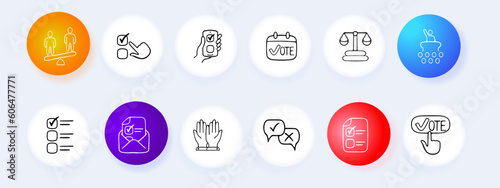 Set of election voting icons. Symbolic representation of democratic process, voting rights. Ballot concept. Neomorphism style. Vector line icon for Business