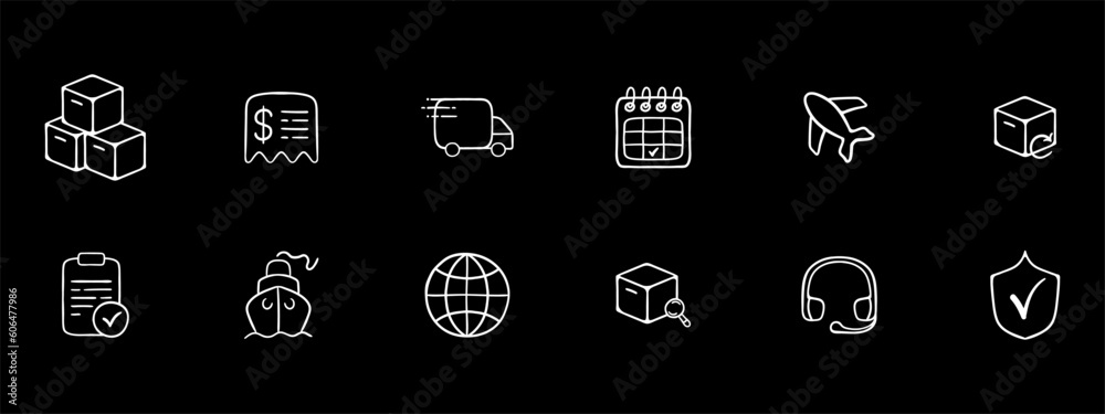 Set of international delivery icons. Parcel, package, globe, transportation, shipping. Logistics concept. Black color background. Vector 12 line icon Set of international delivery icons. Parcel, package, globe, transportation, shipping. Logistics concept. Black color background. Vector 12 line icon