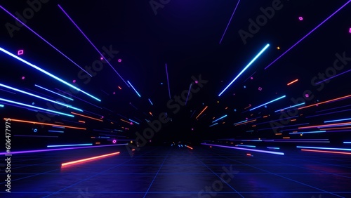 3d technology abstract neon light background, empty space scene, spotlight, dark night, virtual reality, cyber futuristic sci-fi background, street floor studio for mock up. colored geometric. photo