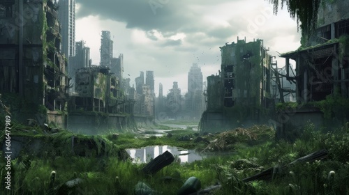 Post apocalyptic skyline ruined skyscrapers. AI generative.
