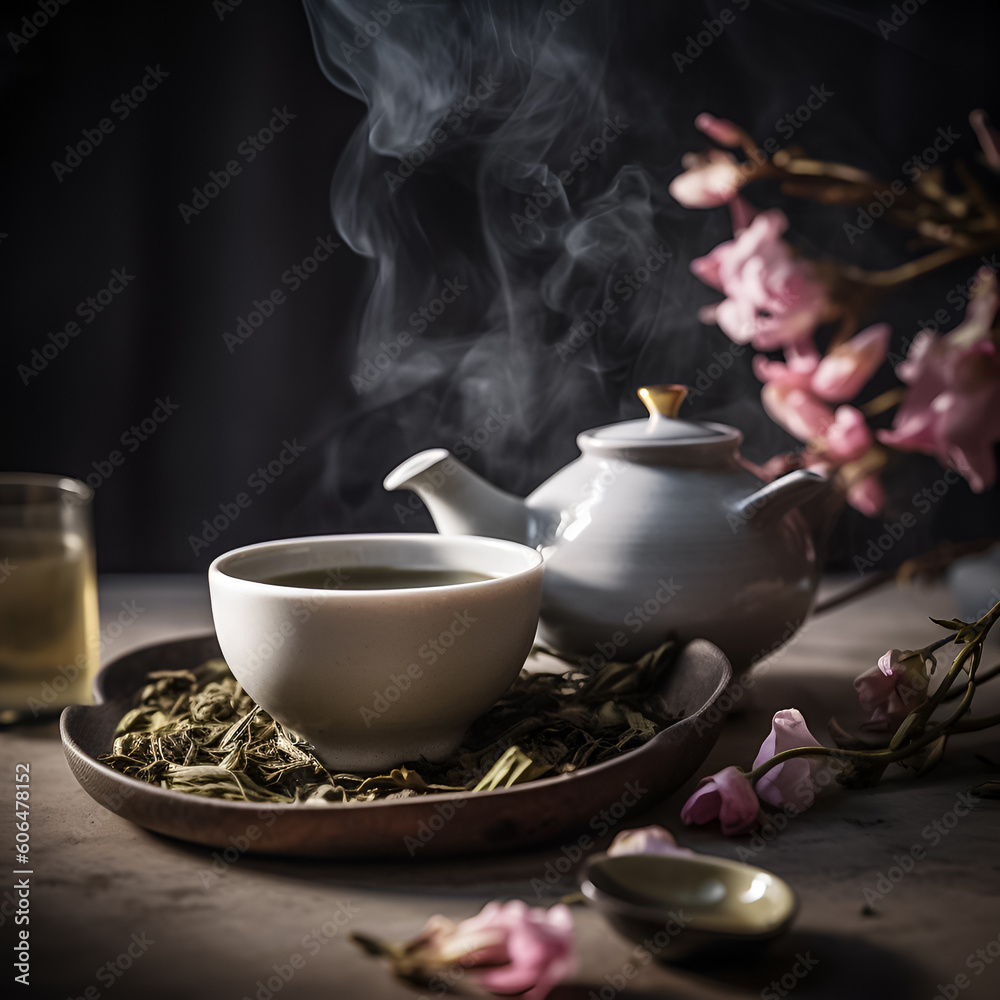 Cup of tea and teapot with flowers. Illustration. Ai generation. Cup of tea and teapot with flowers. Illustration. Ai generation.