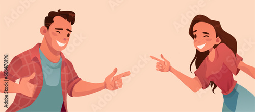Vector of a funny looking woman and a man joking with each other, laughing