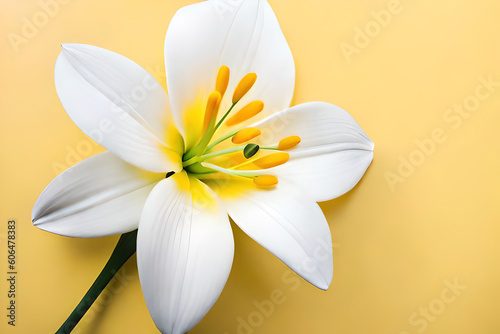 Top view, White lily head on yellow background, flat lay