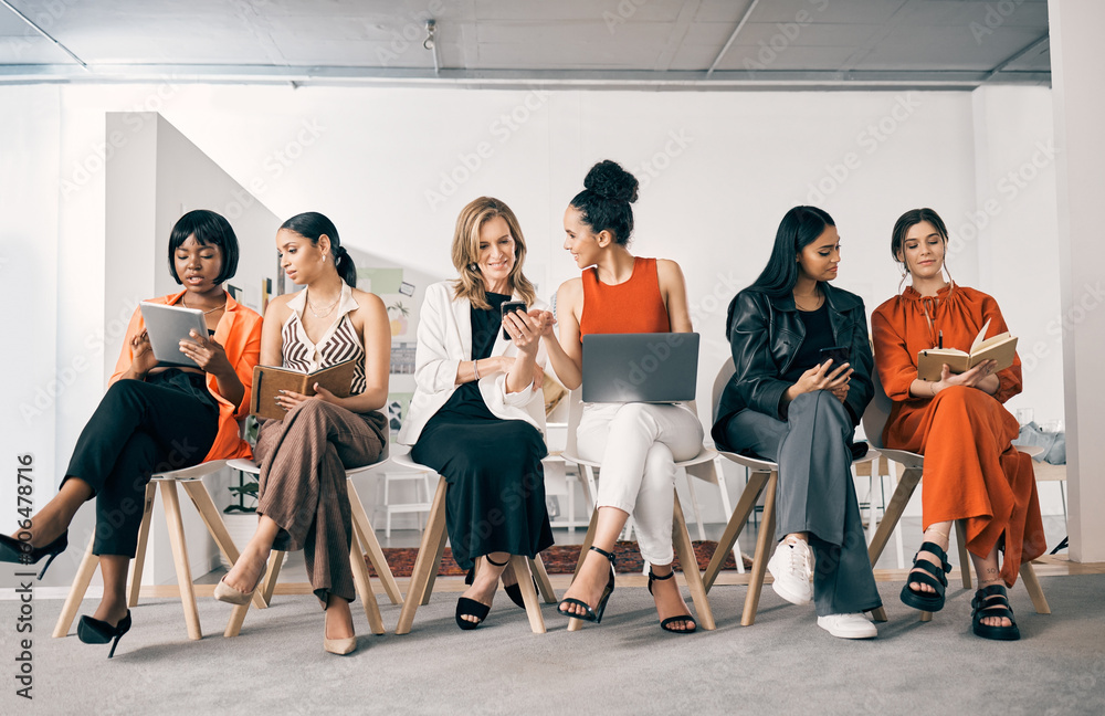 Fototapeta premium Waiting room, networking and business women with job search on phone, tablet and laptop or notebook planning. Gender equality, diversity and group of people talking, teamwork and career collaboration