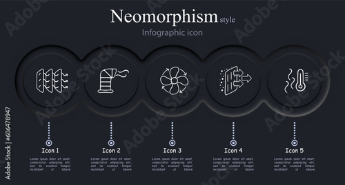 Hot Weather Cooling Icon Set. Refreshing breeze, cooling fans, ice cubes, chilled beverages. Summer heat relief concept. Neomorphism style. Vector line icon for Business