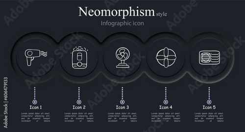 Hot Weather Cooling Icon Set. Refreshing breeze, cooling fans, ice cubes, chilled beverages. Summer heat relief concept. Neomorphism style. Vector line icon for Business