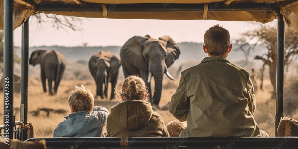 A family watching a herd of elephants from their safari vehicle in the african savannah, concept of Biodiversity conservation, created with Generative AI technology - obrazy, fototapety, plakaty 