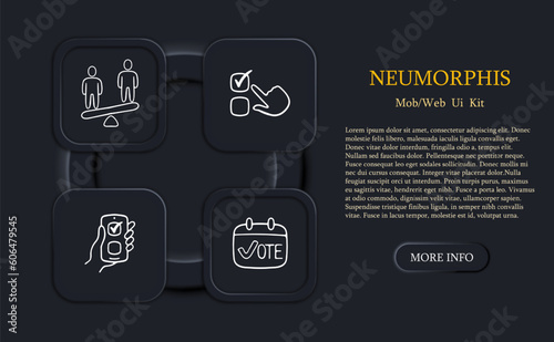 Set of election voting icons. Symbolic representation of democratic elections. Voting process concept. Neomorphism style. Vector line icon for Business