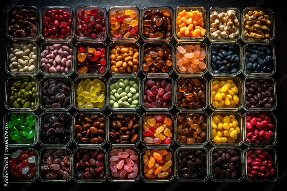 An assortment of different colored chewy candies in square trays. Sweet Candy market, top view of the counter. Candies banner. Generative AI professional photo imitation.