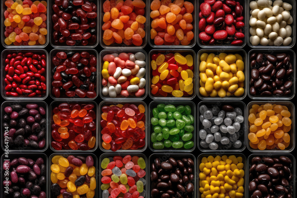 An assortment of different colored chewy candies in square trays. Sweet Candy market, top view of the counter. Yummy wallpaper. Generative AI professional photo imitation.
