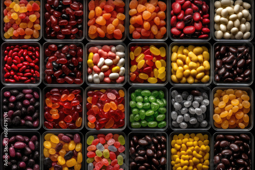 An assortment of different colored chewy candies in square trays. Sweet Candy market, top view of the counter. Yummy wallpaper. Generative AI professional photo imitation.