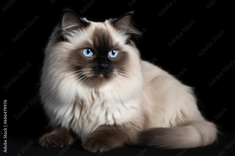 Cute colourpoint persian cat is sitting, isolated on black background. Ai generated
