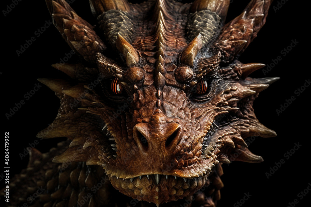 Fototapeta premium An AI generated illustration of a dragon's head against a black background. The dragon is known as a mythical creature from myths, sagas, legends and fairy tales of many cultures; until modern times