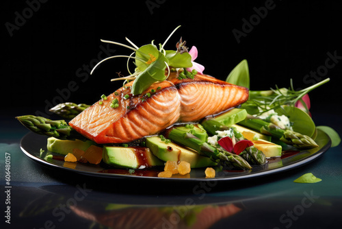Close up of a salmon with avocado dish isolated. Healthy food lifestyle.