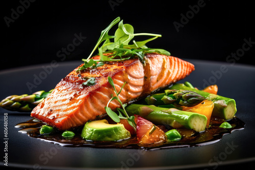 Close up of a salmon with avocado dish isolated. Healthy food lifestyle.
