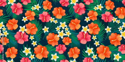 Tropical floral seamless pattern with bright hibiscus, white, yellow frangipani and dark color fern leaves background illustration. Hawaii style fabric print design © LilaloveDesign