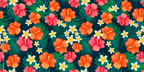 Tropical floral seamless pattern with bright hibiscus, white, yellow frangipani and dark color fern leaves background illustration. Hawaii style fabric print design