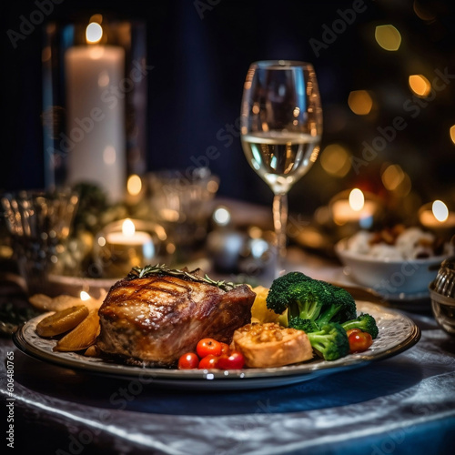 A dinner table with a glass of wine and a plate of food with meat and vegetables