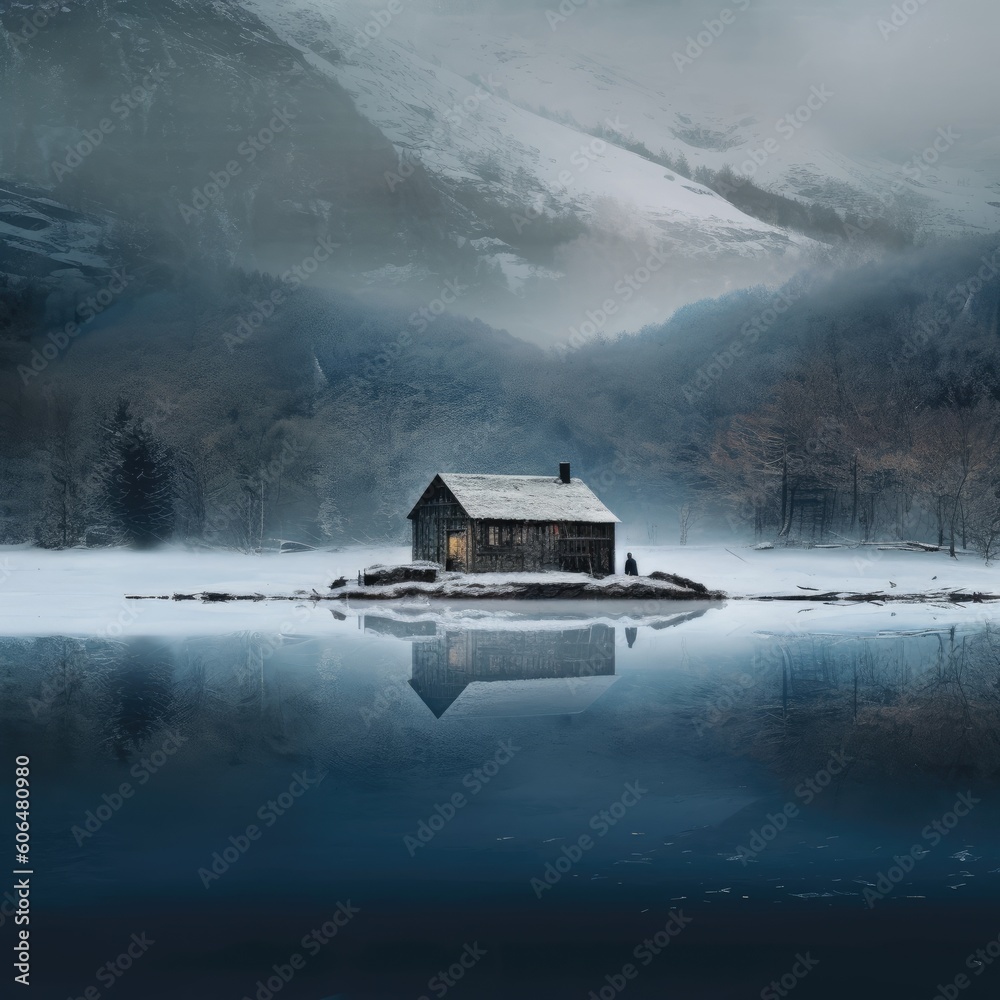 House on the lake. AI generated art illustration.
