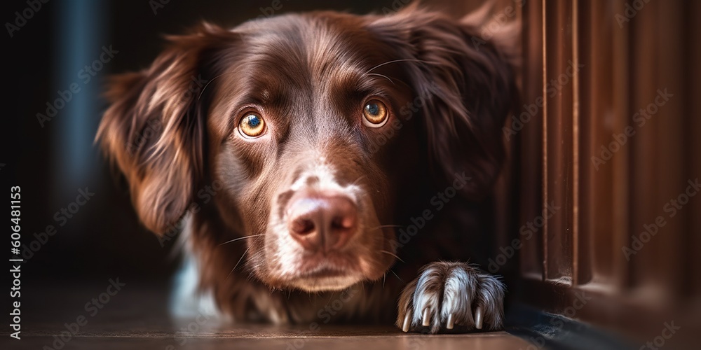 A dog waiting eagerly at the door, its eyes filled with anticipation for its owners return, concept of Canine loyalty, created with Generative AI technology