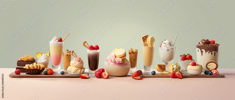 Assortment of dessert on pastel background