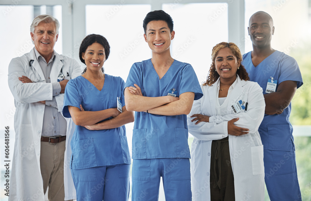 Nurses, portrait and team of doctors with arms crossed standing together in hospital. Face, confident and medical professionals, group and happy surgeons in collaboration, teamwork and healthcare. Nurses, portrait and team of doctors with arms crossed standing together in hospital. Face, confident and medical professionals, group and happy surgeons in collaboration, teamwork and healthcare.