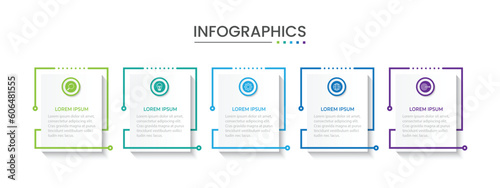 Thin line process business infographic with square template. Vector illustration. Process timeline with 5 options, steps or sections.
