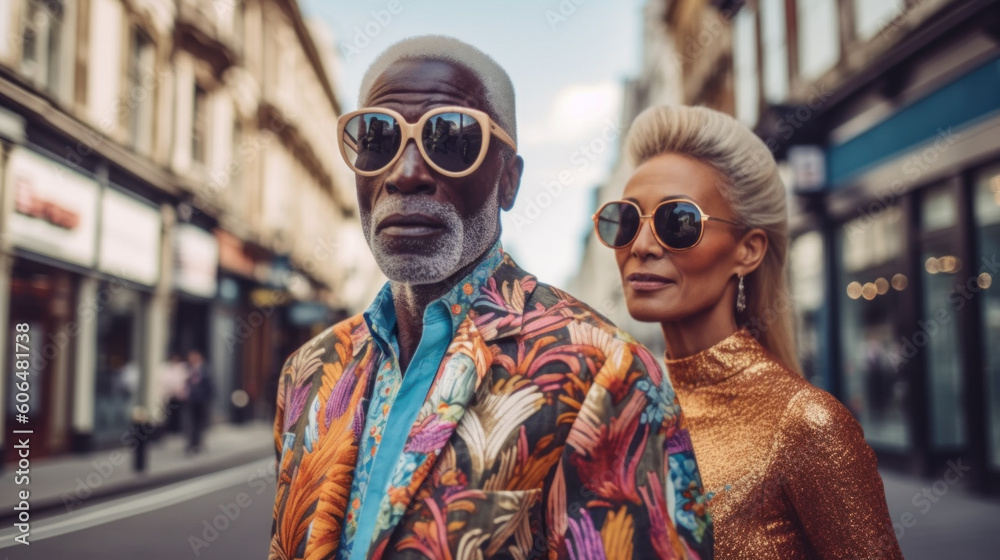 Portrait of a stylish elderly couple created with generative AI technology Portrait of a stylish elderly couple created with generative AI technology