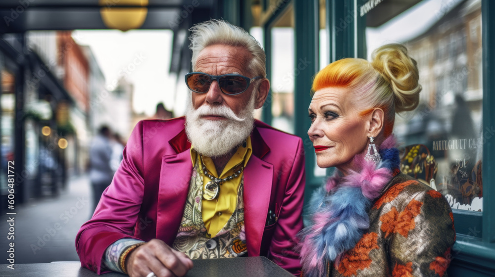 Portrait of a stylish elderly couple created with generative AI technology