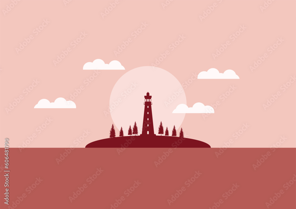 Obraz premium view of the lighthouse on the seashore with sunset or sunrise flat design vector illustration