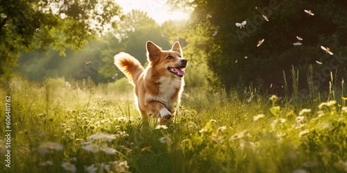 A dog happily bounds through a field, its tail wagging fiercely as it chases butterflies fluttering in the sunlight, concept of Animal behavior, created with Generative AI technology