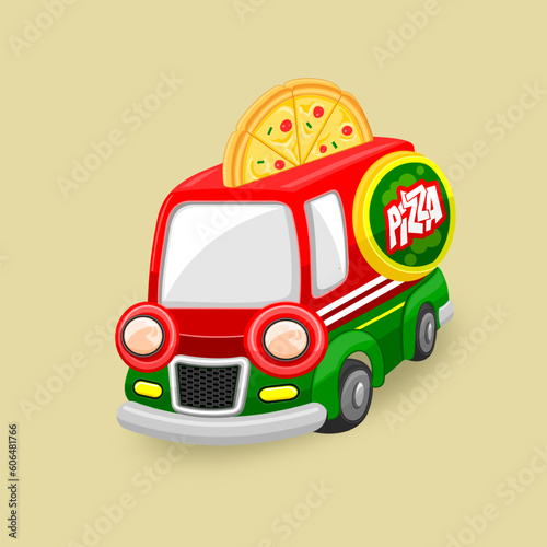 cute pizza truck. Street fast food truck, illustration in 3d vector style