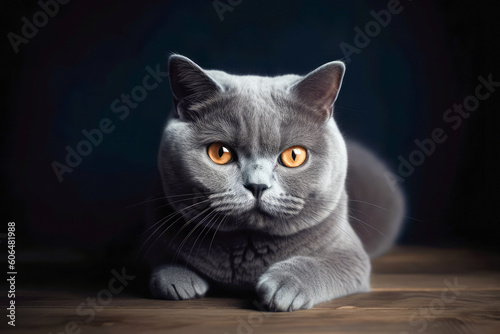 Grey purebred british shorthair cat with orange eyes lying down. AI generated © zamuruev
