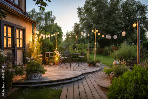 Summer evening on the patio of beautiful suburban house, Generative ai © Marius