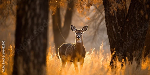 A deer caught in the gentle glow of the sunset, embodying the quiet beauty of the wild, concept of Serene Wilderness, created with Generative AI technology © koldunova