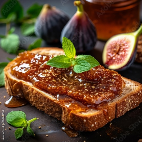 fig jam spread on a piece of toast with a knife, surrounded by fresh figs and mint leaves