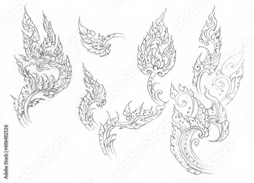 tattoo design with Thai pattern pencil drawing for card illustration background