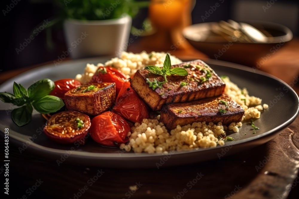 plate of Tempeh, marinated and grilled to perfection, served with a side of couscous and roasted vegetables